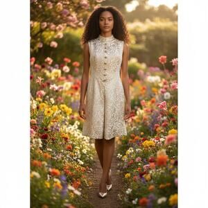 Vintage 1960s Cocktail dress Brocade Tan, pink and Metallic gold Size Large